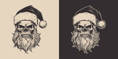Antika dövmeli, korkunç, ürkütücü, korkunç kafataslı, şapkalı Noel Baba. Mutlu noeller yeni yıl Cadılar Bayramı posteri. Grafik Sanatı. Oyma vektör biçimi.