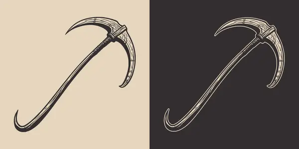 旧式复古万圣节镰刀的收割剑的武器元素 单色图形艺术 手绘元件 — 图库矢量图片