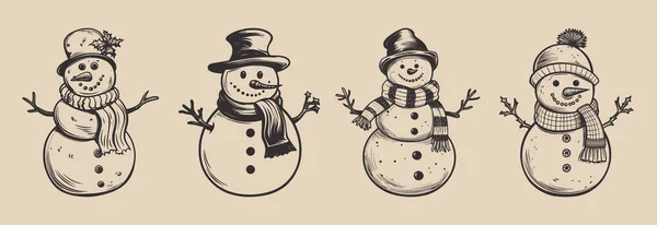 Set Van Vintage Retro Sneeuwman Sneeuwvlokken Karakter Met Hoed Wortel Stockvector