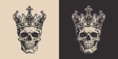 Set of vintage retro scary hipster cawboy skull in with king crown. Can be used like emblem, logo, badge, label. mark, poster or print. Monochrome Graphic Art. Vector. Hand drawn element in engraving  gravure style.	