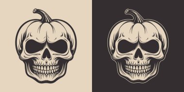 Eski moda Cadılar Bayramı kafatası balkabağı korkunç korku unsuru. Monokrom Grafik Sanatı. Vektör. Oymacılıkta el çizimi ögesi