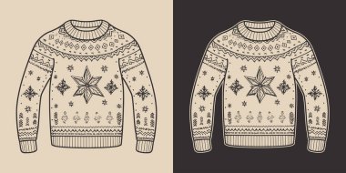 Antika eski yılbaşı Noel 'i çirkin, rahat hippi süveter kazak kazak kazak giysisi. Logo ya da dekorasyon için kullanılabilir. Monokrom Grafik Sanatı. Vektör. Oymacılıkta el çizimi ögesi