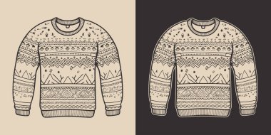 Antika eski yılbaşı Noel 'i çirkin, rahat hippi süveter kazak kazak kazak giysisi. Logo ya da dekorasyon için kullanılabilir. Monokrom Grafik Sanatı. Vektör. Oymacılıkta el çizimi ögesi