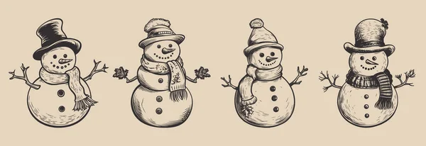 一套老式复古雪人雪片人物与帽子 胡萝卜和围巾 圣诞佳节快乐圣诞佳节在海报之间 图形艺术 雕刻矢量风格 图库插图