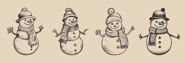 一套老式复古雪人雪片人物与帽子 胡萝卜和围巾 圣诞佳节快乐圣诞佳节在海报之间 图形艺术 雕刻矢量风格 免版税图库插图