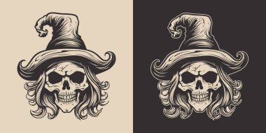 Eski moda cadılar bayramı cadı şeker kafatası şapkalı kız. Monokrom Grafik Sanatı. Vektör. Oymacılıkta el çizimi ögesi