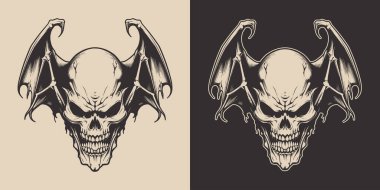 Eski moda cadılar bayramı yarasa kafatası anatomisi korkunç korku elementi. Monokrom Grafik Sanatı. Vektör. Oymacılıkta el çizimi ögesi