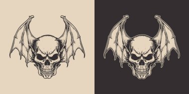 Eski moda cadılar bayramı yarasa kafatası anatomisi korkunç korku elementi. Monokrom Grafik Sanatı. Vektör. Oymacılıkta el çizimi ögesi