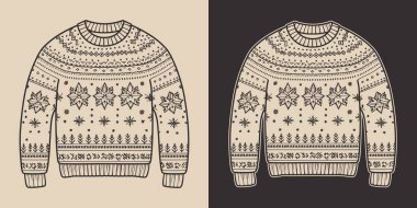 Antika eski yılbaşı Noel 'i çirkin, rahat hippi süveter kazak kazak kazak giysisi. Logo ya da dekorasyon için kullanılabilir. Monokrom Grafik Sanatı. Vektör. Oymacılıkta el çizimi ögesi