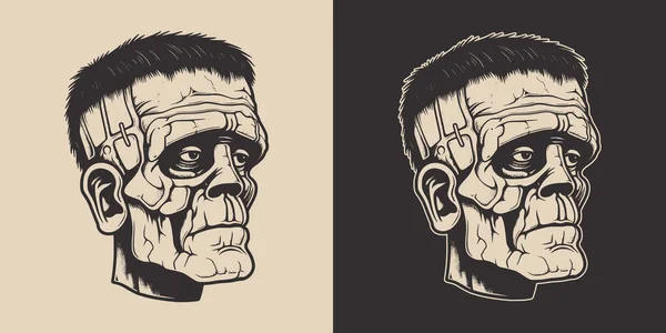 Vintage Retro Halloween Zombie Dead Frankenstein Character Face Portrait Spooky — Stock Vector