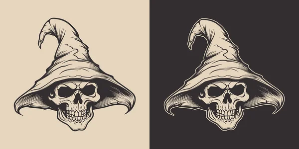 Vintage Retro Halloween Witch Skull Wisard Hat Monochrome Graphic Art — Stock Vector
