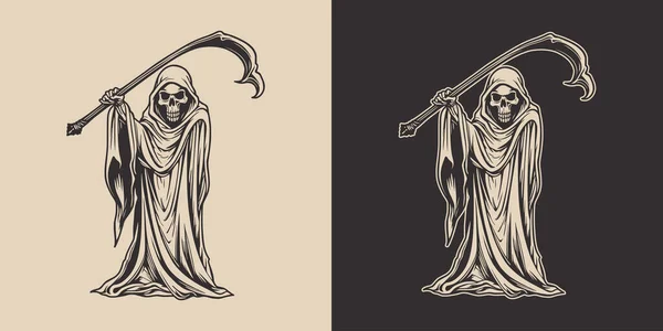 复古万圣节死神死亡与镰刀可怕的恐怖元素 单色图形艺术 手绘雕版元件 免版税图库插图