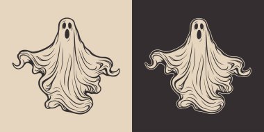 Eski moda cadılar bayramı hayalet karakter karikatürü ürkütücü korku unsuru. Monokrom Grafik Sanatı. Vektör. Oymacılıkta el çizimi ögesi