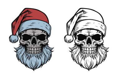 Antika eski dövmeler korkunç korkunç korkunç korkunç kafataslı iskelet Noel Baba şapkalı. Mutlu noeller yeni yıl Cadılar Bayramı posteri. Grafik Sanatı. Oyma vektör biçimi.