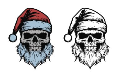 Antika eski dövmeler korkunç korkunç korkunç korkunç kafataslı iskelet Noel Baba şapkalı. Mutlu noeller yeni yıl Cadılar Bayramı posteri. Grafik Sanatı. Oyma vektör biçimi.