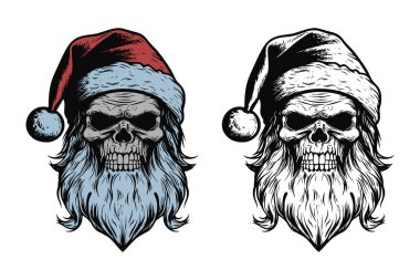 Antika eski dövmeler korkunç korkunç korkunç korkunç kafataslı iskelet Noel Baba şapkalı. Mutlu noeller yeni yıl Cadılar Bayramı posteri. Grafik Sanatı. Oyma vektör biçimi.
