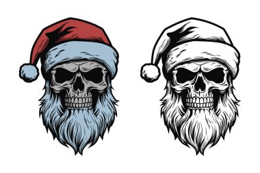 Antika eski dövmeler korkunç korkunç korkunç korkunç kafataslı iskelet Noel Baba şapkalı. Mutlu noeller yeni yıl Cadılar Bayramı posteri. Grafik Sanatı. Oyma vektör biçimi.