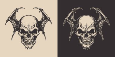 Eski moda cadılar bayramı yarasa kafatası anatomisi korkunç korku elementi. Monokrom Grafik Sanatı. Vektör. Oymacılıkta el çizimi ögesi