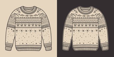 Antika eski yılbaşı Noel 'i çirkin, rahat hippi süveter kazak kazak kazak giysisi. Logo ya da dekorasyon için kullanılabilir. Monokrom Grafik Sanatı. Vektör. Oymacılıkta el çizimi ögesi