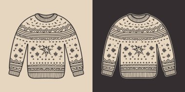 Antika eski yılbaşı Noel 'i çirkin, rahat hippi süveter kazak kazak kazak giysisi. Logo ya da dekorasyon için kullanılabilir. Monokrom Grafik Sanatı. Vektör. Oymacılıkta el çizimi ögesi