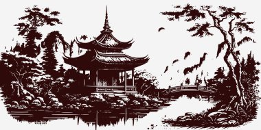 Vintage retro kabartma stili Çin yapımı Japonya Kore Asya tapınağı kulesi. Ağaçlı, doğa manzaralı. Arka plan macerası titreşimi. Grafik Sanatı Vektörü İllüstrasyonu.