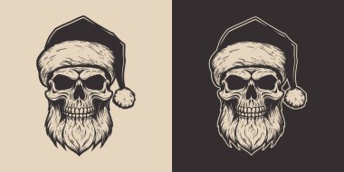 Antika eski dövmeler korkunç korkunç korkunç korkunç kafataslı iskelet Noel Baba şapkalı. Mutlu noeller yeni yıl Cadılar Bayramı posteri. Grafik Sanatı. Oyma vektör biçimi illüstrasyonu