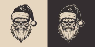 Antika eski dövmeler korkunç korkunç korkunç korkunç kafataslı iskelet Noel Baba şapkalı. Mutlu noeller yeni yıl Cadılar Bayramı posteri. Grafik Sanatı. Oyma vektör biçimi illüstrasyonu