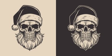 Antika eski dövmeler korkunç korkunç korkunç korkunç kafataslı iskelet Noel Baba şapkalı. Mutlu noeller yeni yıl Cadılar Bayramı posteri. Grafik Sanatı. Oyma vektör biçimi illüstrasyonu