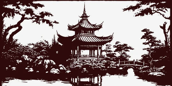 复古雕刻风格中国日本韩国亚洲神殿塔与树木自然的野景 户外探险氛围 图形艺术矢量图解 — 图库矢量图片