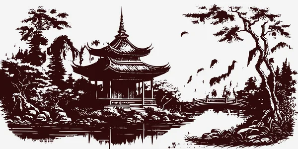 Vintage retro kabartma stili Çin yapımı Japonya Kore Asya tapınağı kulesi. Ağaçlı, doğa manzaralı. Arka plan macerası titreşimi. Grafik Sanatı Vektörü İllüstrasyonu.