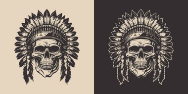 Eski moda, korkunç Amerikan yerlisi, tüylü Apaçi Şef Kafatası. Amblem, logo, rozet, etiket gibi kullanılabilir. İşaret, poster ya da baskı. Monokrom Grafik Sanatı. Vektör. 