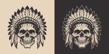 Eski moda, korkunç Amerikan yerlisi, tüylü Apaçi Şef Kafatası. Amblem, logo, rozet, etiket gibi kullanılabilir. İşaret, poster ya da baskı. Monokrom Grafik Sanatı. Vektör. 