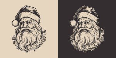 Vintage retro xmas mutlu noeller noel baba karakteri. Monokrom Grafik Sanatı. Vektör. Oymacılıkta el çizimi ögesi