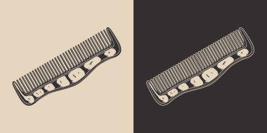 Klasik Retro ahşap kesimi, oymalı berber dükkanı elementi. Klasik berber metal tarak. Logo, amblem, rozet, işaret, poster tasarımı için kullanılabilir. Monokrom Grafik Sanatı. Vektör