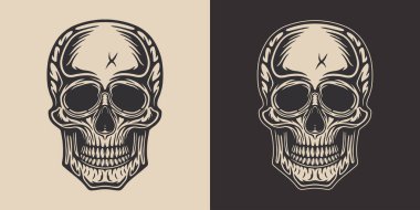 Klasik Retro ahşap kesimi, oymalı berber dükkanı elementi. Korkunç cadılar bayramı hippisi. Logo, amblem, rozet, işaret, poster tasarımı için kullanılabilir. Monokrom Grafik Sanatı. Vektör