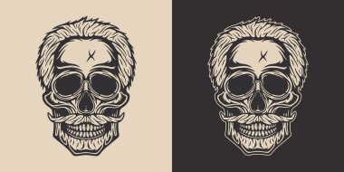 Klasik Retro ahşap kesimi, oymalı berber dükkanı elementi. Korkunç cadılar bayramı hippisi. Logo, amblem, rozet, işaret, poster tasarımı için kullanılabilir. Monokrom Grafik Sanatı. Vektör