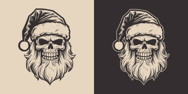 Antika eski dövmeler korkunç korkunç korkunç korkunç kafataslı iskelet Noel Baba şapkalı. Mutlu noeller yeni yıl Cadılar Bayramı posteri. Grafik Sanatı. Oyma vektör biçimi