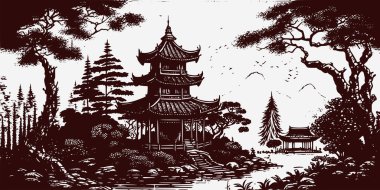 Vintage retro kabartma stili Çin yapımı Japonya Kore Asya tapınağı kulesi. Ağaçlı, doğa manzaralı. Arka plan macerası titreşimi. Grafik Sanatı Vektörü İllüstrasyonu.