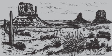 Eski moda kabartma robot resim, doğanın resmini çiziyor. Açık hava Amerikan çölü, Meksika çölü, batı vahşi batı manzarası.