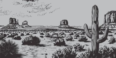 Eski moda kabartma robot resim, doğanın resmini çiziyor. Açık hava Amerikan çölü, Meksika çölü, batı vahşi batı manzarası.