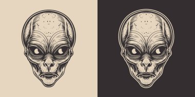 Antika oymacılık tarzı ahşap çizim uzaylı portresinin resmini çiziyor. Geleceğin kozmosu, geleceğin yaratığı.