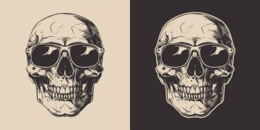 Eski model oymacılık stili ahşap çizim anatomi iskelet kafa portresi güneş gözlüğü hippi tarzı.
