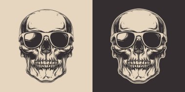 Eski model oymacılık stili ahşap çizim anatomi iskelet kafa portresi güneş gözlüğü hippi tarzı.