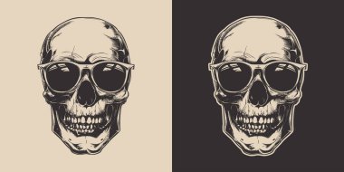 Eski model oymacılık stili ahşap çizim anatomi iskelet kafa portresi güneş gözlüğü hippi tarzı.