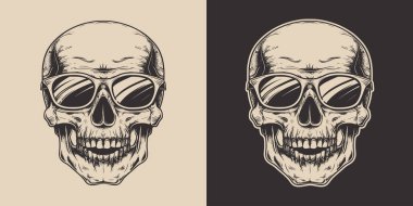 Eski model oymacılık stili ahşap çizim anatomi iskelet kafa portresi güneş gözlüğü hippi tarzı.