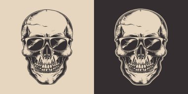 Eski model oymacılık stili ahşap çizim anatomi iskelet kafa portresi güneş gözlüğü hippi tarzı.