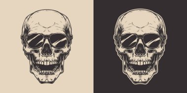 Eski model oymacılık stili ahşap çizim anatomi iskelet kafa portresi güneş gözlüğü hippi tarzı.