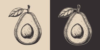 Antika oymacılık stili ahşap kabartma çizimi avokado meyveli vejetaryen sağlıklı yiyecekler boyası. Tek renkli biçim