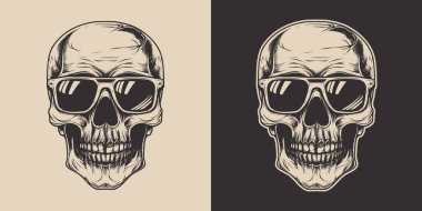 Eski model oymacılık stili ahşap çizim anatomi iskelet kafa portresi güneş gözlüğü hippi tarzı.