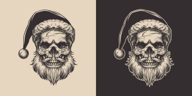 Eski model oymacılık tarzı ahşap çizim Mutlu Noeller Noel Baba Noel Baba 'nın iskelet kafasının boyasını çiziyor. Cadılar Bayramı karakteri korkunç illüstrasyon